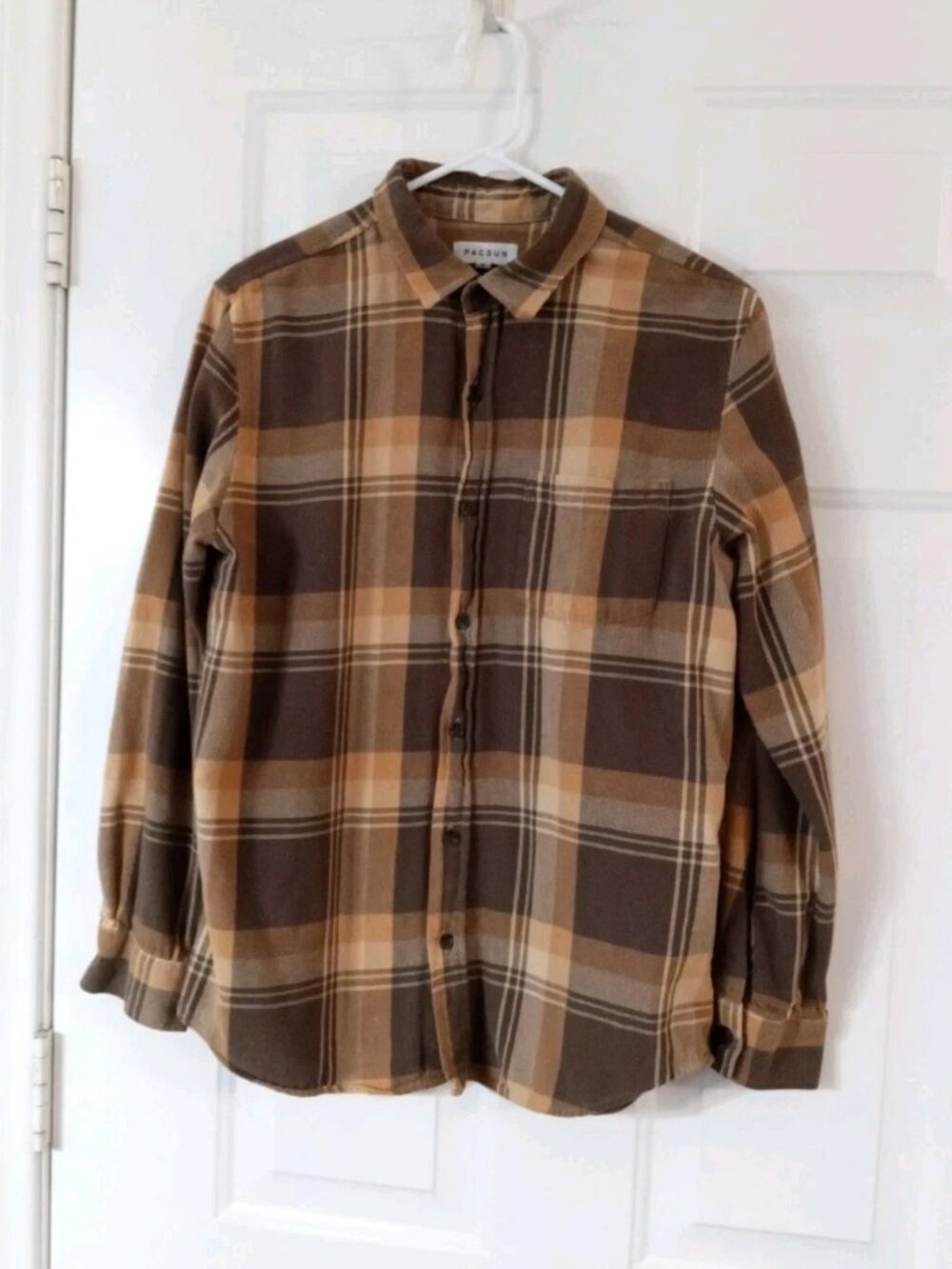 Pacsun Button Up Flannel Shirt Men's Medium Brown Plaid 100% Cotton Long Sleeve